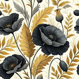 Bold Black Poppies with Golden Leaves