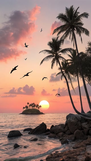 Tropical Sunset Painting with Palm Trees