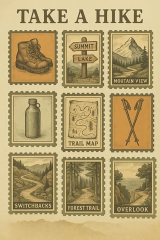 Retro Hiking Postage Stamps