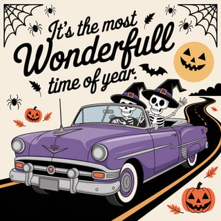 Whimsical Halloween Skeleton Car Illustration