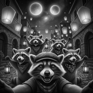 Greyscale Raccoon Selfie with Lanterns