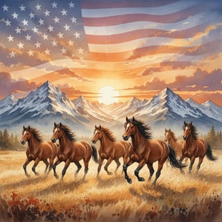 Watercolor Horses in Mountain Meadow