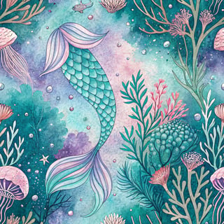 Watercolor Mermaid Tail Undersea Scene