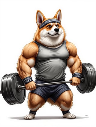 Muscular Anthro Corgi Lifting Weights