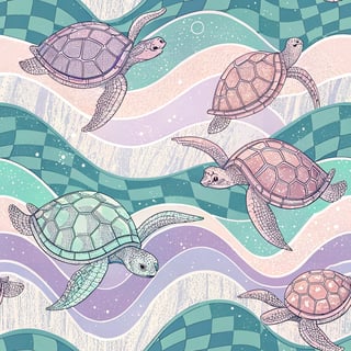 Pastel Sea Turtles on Checkerboard Waves