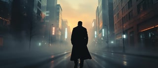 Mysterious Silhouette in Foggy Cityscape