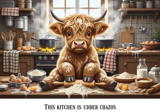 Fluffy Highland Calf in Messy Farmhouse Kitchen