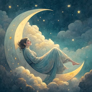 Impressionistic Woman on Crescent Moon
