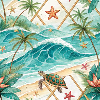 Watercolor Beach Design with Sea Turtle