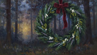 Evergreen Wreath with Mistletoe Painting