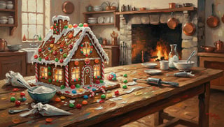 Impasto Oil Painting of Gingerbread House