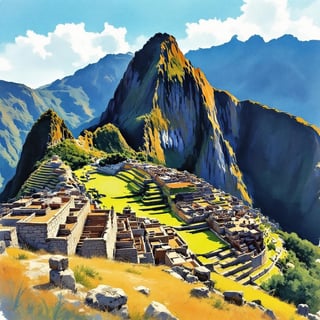Machu Picchu Ink and Watercolor Art