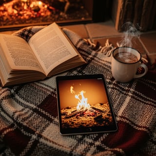 Cozy Fireplace Setup with iPad and Book