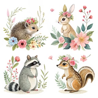 Watercolor Floral Woodland Animals