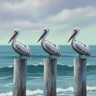 Coastal Scene with Pelicans on Wooden Pylons