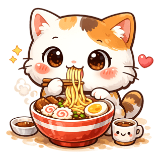 Cute Kawaii Cat Eating Noodles