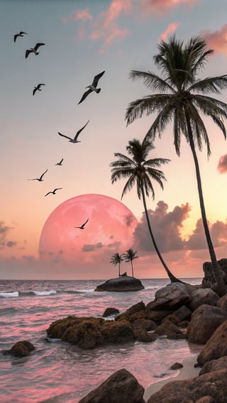 Tropical Sunset Painting with Palm Trees
