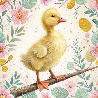 Fluffy Yellow Duckling on Branch