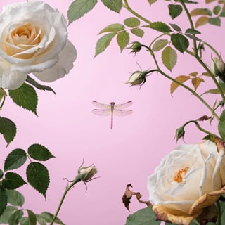 Photorealistic Dragonfly with White Roses