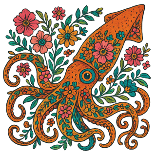 Boho Floral Giant Squid Illustration