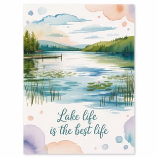 Watercolor Lakeside Landscape with Dock