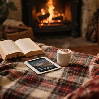 Cozy Fireplace Setup with Book and Cocoa