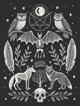 Symmetrical Spooky Forest Animals Illustration