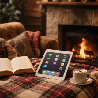 Cozy Fireplace Setup with Book and Cocoa