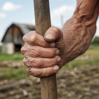 Weathered Hands Holding Shovel