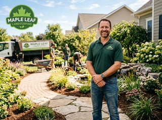 Friendly Landscaping Owner Posing with Logo