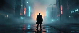 Mysterious Silhouette in Foggy Cityscape