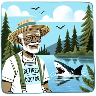 Watercolor Grandpa by Lake with Shark