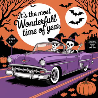 Whimsical Halloween Skeleton Car Illustration