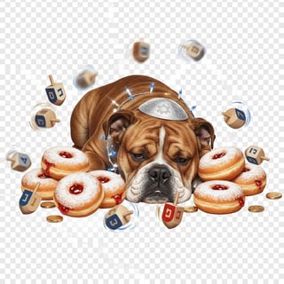 Sleepy Bulldog with Dreidels and Donuts