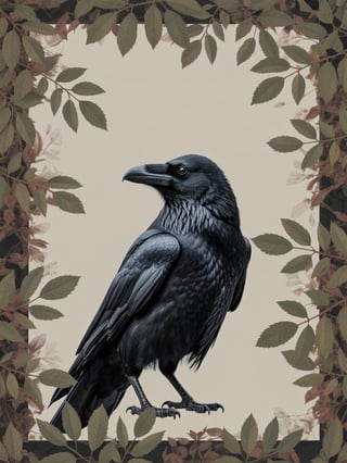 Realistic Raven with Leaf Sprig Frame