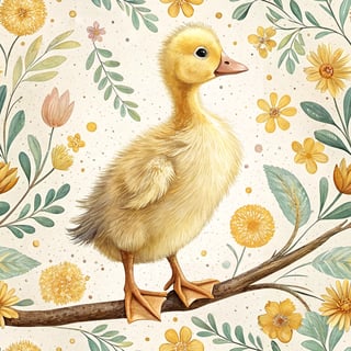 Fluffy Yellow Duckling on Branch