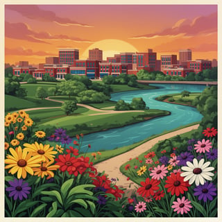 Colorful Iowa City Sunset Illustration