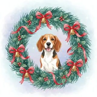 Watercolor Beagle in Christmas Wreath