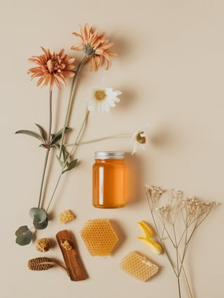 Flowers with Honey Jar and Honeycomb