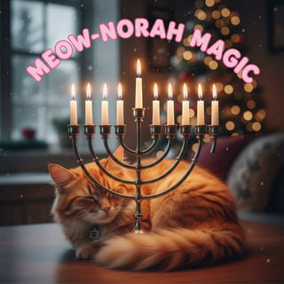 Cute Cat with Menorah and Candles