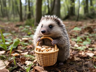 Hedgehog with Basket Gathering Mushrooms