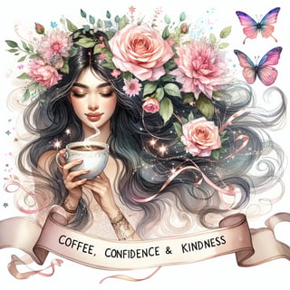 Whimsical Watercolor Woman with Coffee