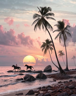 Tropical Sunset with Silhouetted Horses