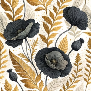 Bold Black Poppies with Golden Leaves