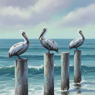 Coastal Scene with Pelicans on Wooden Pylons