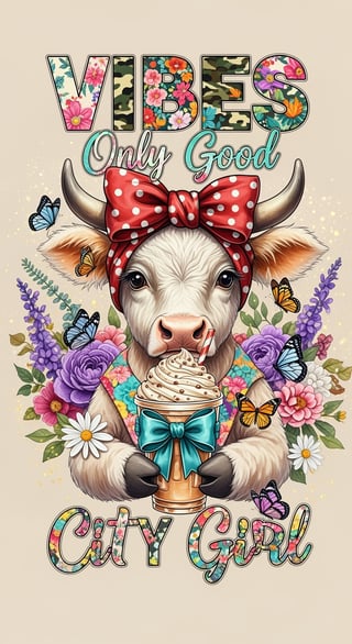 Vibrant Cow Illustration with Floral Vibes