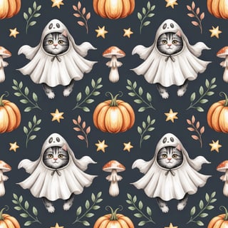 Watercolor Cats in Ghost Costumes Pattern