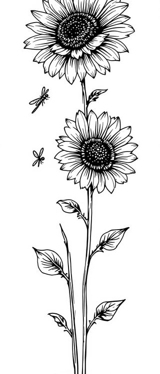 Black Line Art Sunflowers and Dragonfly