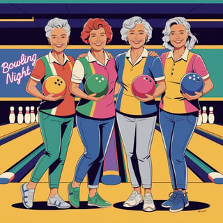 Colorful Illustration of Older Women Bowling