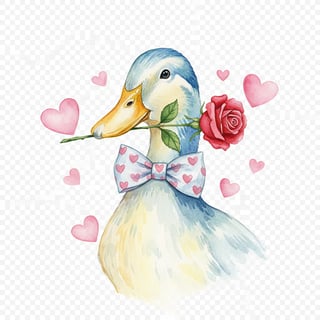 Watercolor Duck with Rose and Hearts